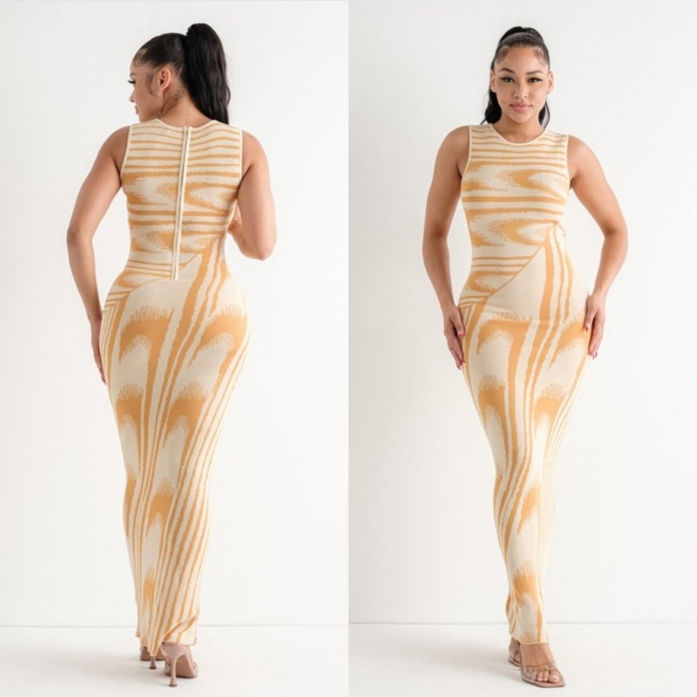 Wave Jacquard Dress Mustard Beige S M L New - Picture 2 of 7